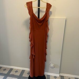 Women’s Rust Wedding Guest Maxi Dress with Ruffle Detail Size M